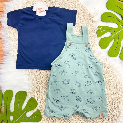 Conj. Camiseta e Jardineira em Moletinho Dinos - Verde e Marinho